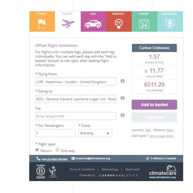 Climate Care Carbon footprint offset calculator